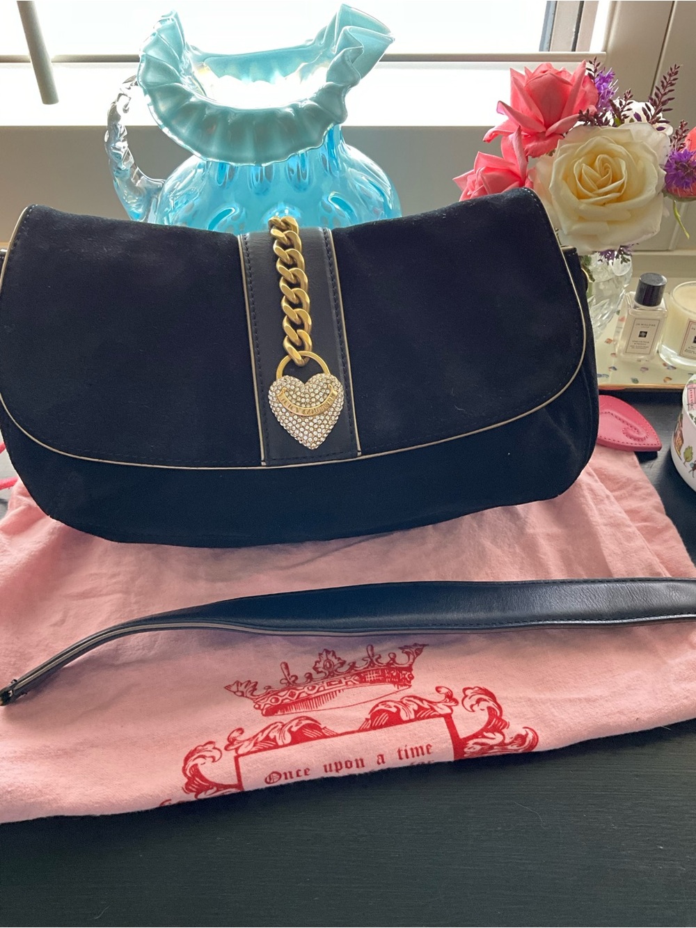 JUICY COUTURE BLACK SUEDE BAG WITH ๐ IN CRYSTALS!
